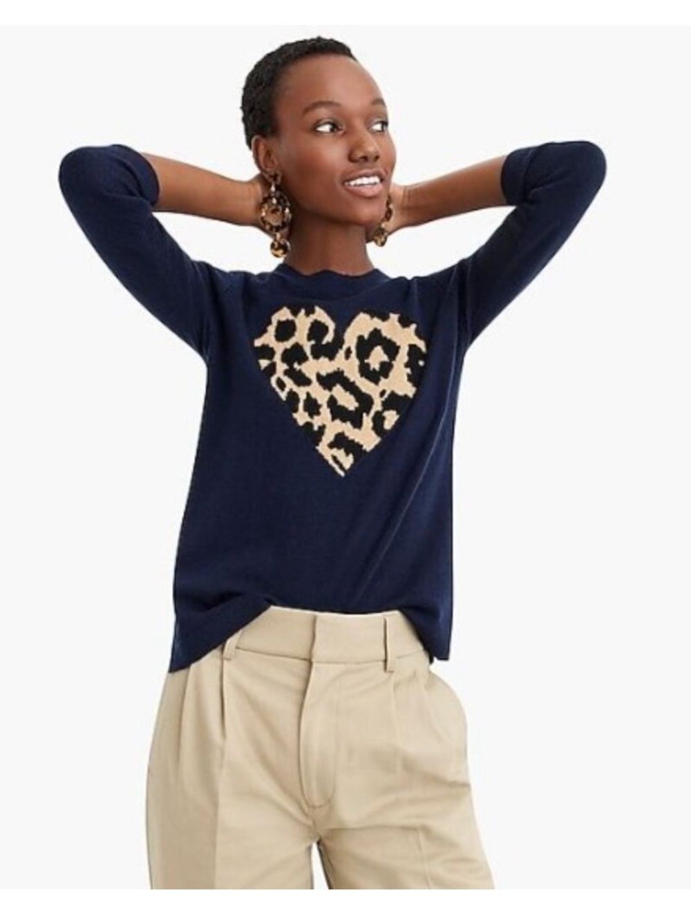 J. Crew Black Knit Long Sleeve Sweater Cheetah Print Heart Sz L